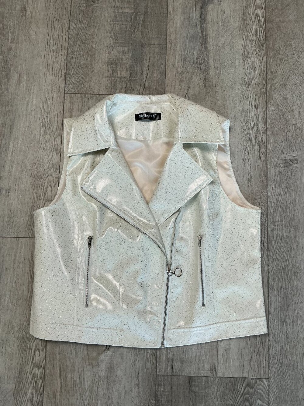 Allegra K Pearl White Metallic Faux Leather Motorcycle Vest - Size Large